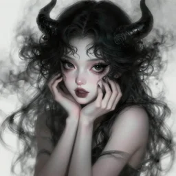 portrait of demon girl, dreamy and ethereal, expressive pose, big black eyes, exciting expression, fantasy, intricate, elegant, dark and moody smoke, highly detailed, digital painting, artstation, concept art, smooth, sharp focus, illustration, art by nekro borja, artgerm and greg rutkowski and ( alphonse mucha )