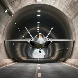 a photo of an F22 flying towards the camera, speeding and exiting a tight well-lit highway tunnel, cinematic lighting, long shot angle, centered composition, 1/400 f5 ISO400 11mm lens, 4k
