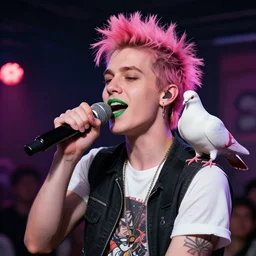 a punk boy with pink hair and green lipstick singing karaoke with a pigeon on his shoulder