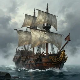 pirate ship passing through the misty isles, concept art, digital painting, trending on artstation, deviantart, epic composition, extremely detailed, volumetric lighting, masterpiece, octane render