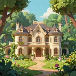 A beautiful mansion in the Jungle”Beautiful Dreamscape, Digital art, concept art, detailed, lovely colors, Art station,3-D 4K, beautiful background, matte painting, Frank Lloyd Write,