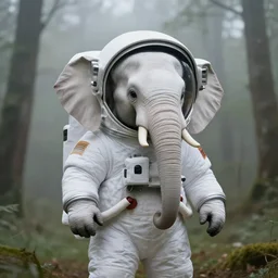 giant elephant wearing white spacesuit with oversized helmet as astronaut animal, in the woods, foggy mood, overcast bokeh, macro shot - c 8