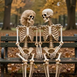 front view portrait of romantic couple of two! human skeletons!!, sitting on a park bench in a autumn park, tenderly holding their hands, partially covered with dust, cinematic lighting, late afternoon, photorealistic image