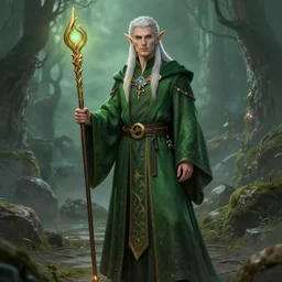 male High Elf wizard in green robes, Karol Bak