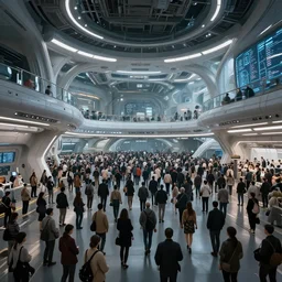 the interior of a futuristic spaceport, large crowd of people, by kim jung gi and greg rutkowski, rule of thirds