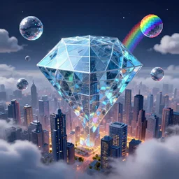 gigantic city, random metaballs, diamond glass, city inside is distorted by light refraction, night fog, clouds, rainbow, pixel art