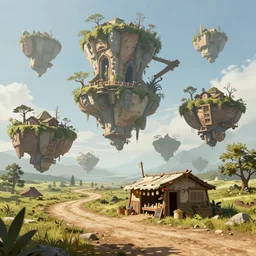an concept art illustration, large fantasy animal floating biomes, makeshift shack store in the middle of a dirt road, style by wlop, trending in artstation, cgsociety, octane render, ultra sharp, unreal engine 5, 8 k