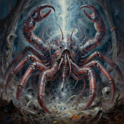 oil painting nightmare yaw whipping epic wire & chrome hadron collider fused crustacean miles wide, in abandoned plague world, cinematic, fine art, by boris vallejo, shigeru komatsuzaki