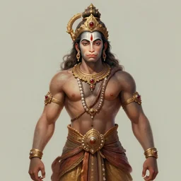 a full body portrait of beautiful ornated hanuman god with flowing medium hair, soft facial features, kind!! appearence, digital art by ross tran, krenz cushart and artem demura, symmetrical body, artgerm, portrait, muted color scheme, highly detailed, outrun art style