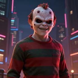 a portrait of freddy krueger in a cyberpunk city, pixar, dramatic lighting