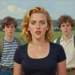 a beautiful scenic painting of a beautiful young woman that looks like scarlett johansson by artgerm and wlop and wes anderson and spike jonze