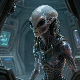 film still of alien looking around a spaceship, slathered in a transparent alien liquid. wet flowing hair, goo, illustration, unreal engine 5, 8 k, directed by h. r. giger.