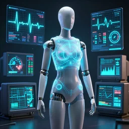 mannequin articulated body with graphs and charts, glowing vector, biosensors, electrocardiograph, detailed, numbers beeping, octane render, global illumination, future science, gauges and dials, graphs, blender, octane render, crt, data