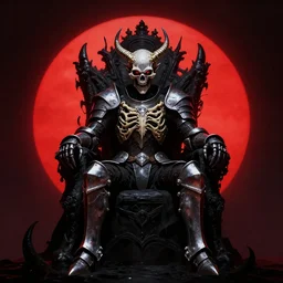 a dark matter schizophrenia sphare limbo digital art angry portrait demon in iron armor and dragon bones with diamonds sits on the black throne of death and looks with red eyes into the darkness against the background of a bright red sun