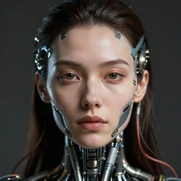 a beautiful portrait of a symmetric woman face, with bionic cyborg implants, wires, tubes, biomechanical details, cinematic lights, depth of field, cinematic, concept art, 5 0 mm, artstation, elegant, focus, octane render, vray, by h. r. giger