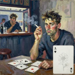 oil painting in the style of john craxton sailors in the shadows of a pub. playing cards. aesthetic. brush marks. strong lighting. holding cigarettes. smokey bar. seated figure hands on table. strong expressions on faces. cheekbones. single flower. line drawing on painting,