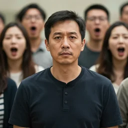 medium shot portrait of a man trying to remain centered and grounded, portraits of people surrounding him, amidst the blurred yelling, shallow depth of field, focus on man in middle