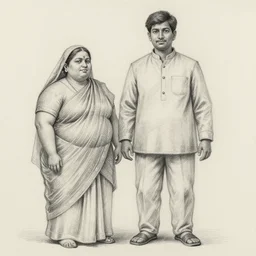pencil sketch of vinod standing with a fat lady