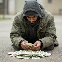 a homeless man counting a lot of money