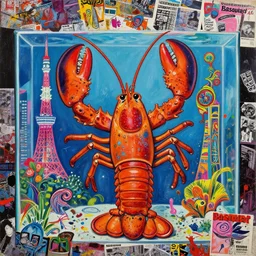 acrylic painting of a bizarre nightmare lobster in front of an aquarium in tokyo, mixed media collage by basquiat and jackson pollock, maximalist magazine collage art, retro psychedelic illustration