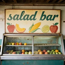 an abandoned salad bar from the 6 0 s, the sign features several fruits along with a cornucopia and the words salad bar