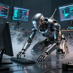 a cyborg touching crawling out of a computer screen, cyberpunk, surrounded by smoke, award-winning art, highly creative, hyperrealistic, highly-detailed, by Sam Spratt, by Vlad Rodriguez, computer screens in the background, trending on Artstation, dark, dramatic, cinematic, realistic studio lighting, realistic reflections, 4k, professional, canon