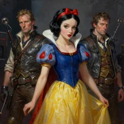 snow white, dieselpunk, oil painting, darkness, paint texture, digital painting, highly detailed, artstation, sharp focus, illustration, concept art, ruan jia, charlie bowater, tom bagshaw, norman rockwell