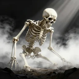 beautiful artwork illustration, a giant skeleton on ground defeated in the distance engulfed in nature, volumetric fog, godrays, high contrast, high contrast, high contrast, vibrant colors, vivid colors, small man onlooker, high saturation, by greg rutkowski and jesper ejsing and raymond swanland, wide angle, vertical orientation