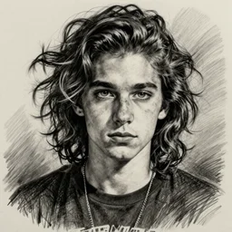 charcoal pencil drawing of a punk rock young man with pretty eyes and long curly dark hair in a band tee shirt, highly textured, high contrast