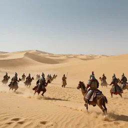 Sogdian soldiers fighting Chinese imperial soldiers in a sandy desert with no monuments, volumetric lighting, beautiful scenery, realistic painting effect, hd, hdr, cinematic 4k wallpaper, 8k, ultra detailed, high resolution, artstation, early medieval