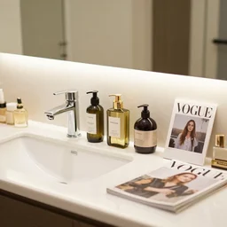a luxury bathroom vanity with makeup bottles, vogue magazine, photo, 4 k
