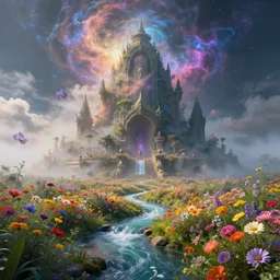 a large alien shrine shrouded by mystic nebula magic in a field of flowers, ferdinand knab, breath - taking beautiful flowers, streams, nebula, and mist, an aesthetically pleasing, dynamic, energetic, lively, complex, intricate, detailed, well - designed digital art of magic, streams, flowers, and mist, early morning, light and shadow