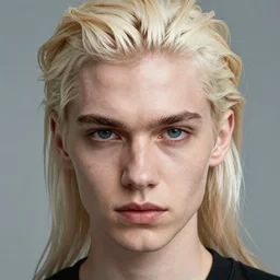 a color photograph of a non binary model, platinum blonde, by thomas ruff, intense, bold, hyperrealistic, ultra sharp, extra details, ultra high quality, trending on pinteresst