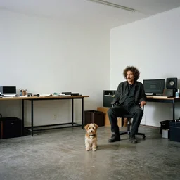 a color photograph of one white man, alone, who looks sort of like Jerry Garcia and sort of like Frederick Douglass, with his hyperactive little dog, in his basement studio, except he is not there, it\'s just the empty room, trending on artstation, hyperrealism