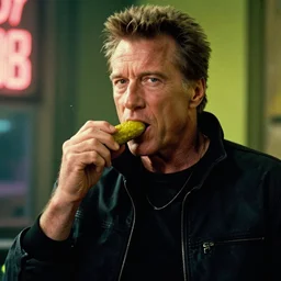 cyberpunk Clint Eastwood eating a pickle