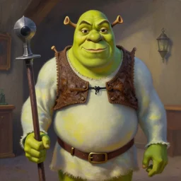 hyper realistic oil painting of shrek holding a weapon in the back rooms