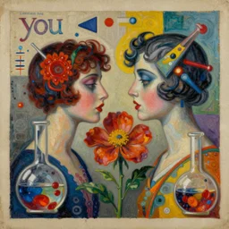 vicious flower chemistry between you and i detailed and highly reliefed analogue mixed media collage with canvas texture in style of conteporary art, dada 20s, photorealistic, expressionism, masterpiece, perfect composition, spectacular quality, intricate oil details