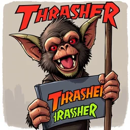 a monkey, goblin, hold a radical sign, cartoony cover, thrasher magazine
