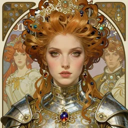 realistic detailed face portrait of a young beautiful alien baroque cyberpunk marie antoinette by alphonse mucha wearing ornate opulent armor, ayami kojima, amano, greg hildebrandt, and mark brooks, female, feminine, art nouveau, rococo cyberpunk, neo - gothic, gothic, character concept design