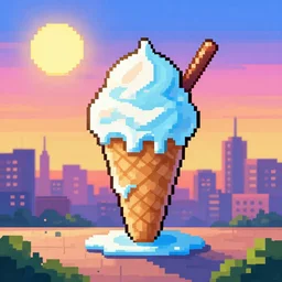 pixel art of a city made of ice cream melting in the sun, sunset colors