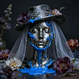 a head made out of metal and glass melting, dark palette, it is wearing a hat and a veil, there are flowers all around it, blue paint melting, vogue cover style, depth of field, greg rutkowski style