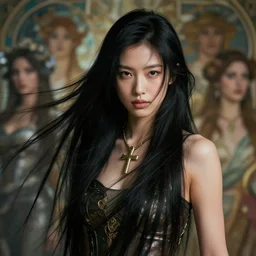 a stunning portrait of an asian valkyrie with long black hair by artgerm, dynamic lighting, ray tracing, tom bagshaw, alphonse mucha, donata giancola, mary jane ansell, ankh necklace, atmosphere, realism, octane render, dof, hyperdetailed, 8 k