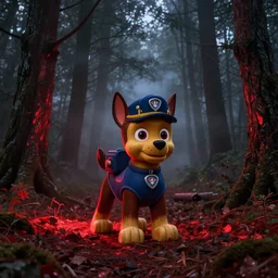paw patrol in the woods, painterly, photorealistic, midnight, eerie lighting, foggy, red lighting, realistic shadows