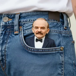 a tiny lenin coming out of the pocket of jeans