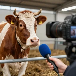 A cow with a microphone in a hand makes a television report, DSLR camera, highly detailed