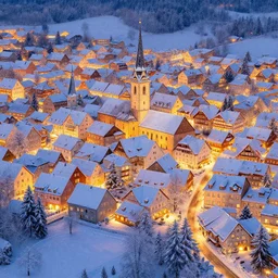 matte painting of winter szene in in altotting, by albert whitlock, amazing details, beautiful composition, vibrant colors, bird eye view, luminescent, warm hue's