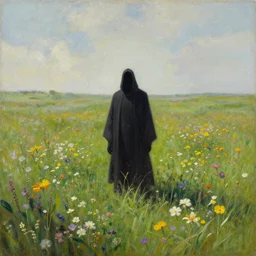 grim reaper with no face standing in distance in beautiful meadow of flowers, detailed painting by alex gray