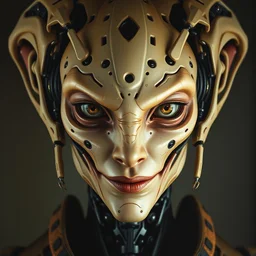 perfectly centered portrait, front view of a biomechanical alien robot elf, female, intense stare, sarcastic smile, symmetrical, concept art, intricate detail, volumetric shadows and lighting, realistic oil painting by tim hildebrandt and greg rutkowski,