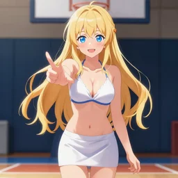 a very beautiful young anime basketball girl greeting the camera, full body, long wavy blond hair, sky blue eyes, full round face, short smile, bikini, miniskirt, highly detailed, cinematic wallpaper by stanley artgerm lau