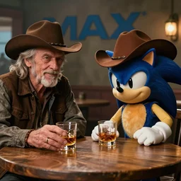 willie nelson merrily drinking whiskey together at a wooden table with sonic the hedgehog in a vest wearing a cowboy hat, cinematic lighting, relaxed smoky atmosphere, award winning vfx shot, cinematography, imax photography 4 k